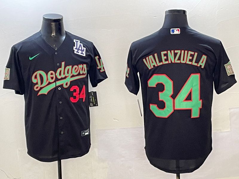 Men Los Angeles Dodgers #34 Valenzuela Black green Fashion 2025 Nike MLB Jersey style 4